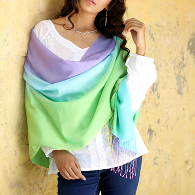 Silk and wool shawl, 'Aqua Rose'