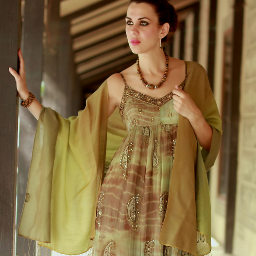 Silk and wool shawl, 'Forest Whisper'