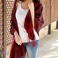 Silk and wool reversible shawl, 'Maroon Orchid'