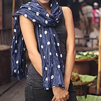 Batik scarf, 'Blue Polka Retro'