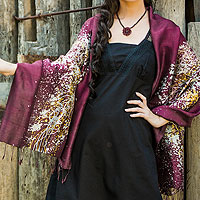 Silk batik shawl, 'Fireworks on Burgundy'