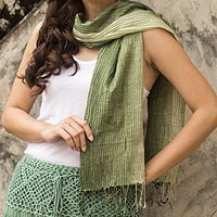 Silk pin tuck scarf, 'Olive SageTransition'