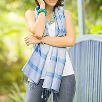 Silk and cotton scarf, 'Blue Harmony'