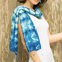 Silk scarf, 'Azure Mystique'