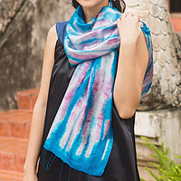 Silk scarf, 'Azure Thai River'