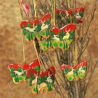 Wood ornaments, 'Forest Butterflies' (set of 6)