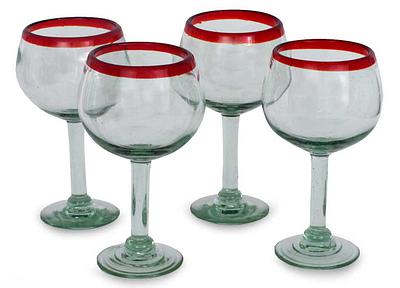 Blown glass wine glasses, 'Ruby Globe' (set of 4)