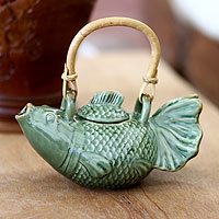 Ceramic teapot, 'Green Koi'